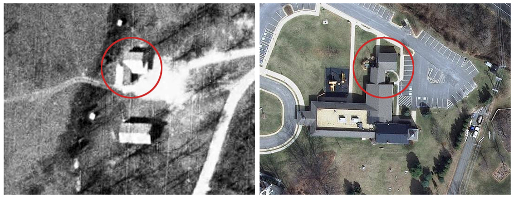 Side-by-side aerial photographs of the Dranesville School property.