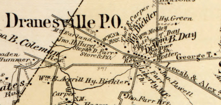Detail of a map of Fairfax County showing the town of Dranesville.