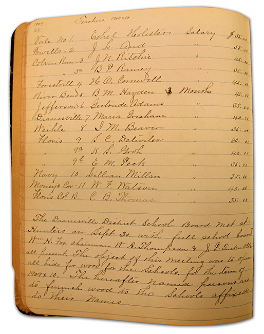 Photograph of a page from a small book in which the trustees kept records of their meetings. A list of teachers for all of the schools for white children in the district is recorded.