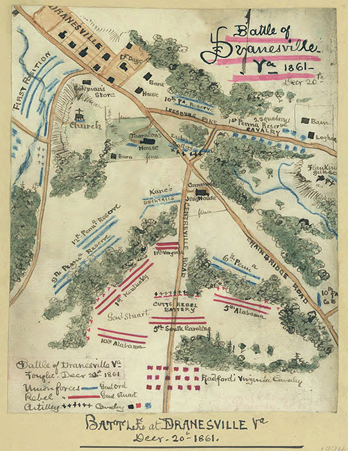 A map of the village of Dranesville showing the positions of the Union and Confederate armies during the Battle of Dranesville. The Union Army was positioned in the heart of town and on the hillsides to the north, and the Confederate forces are arrayed along Leesburg Pike east of the town’s center.