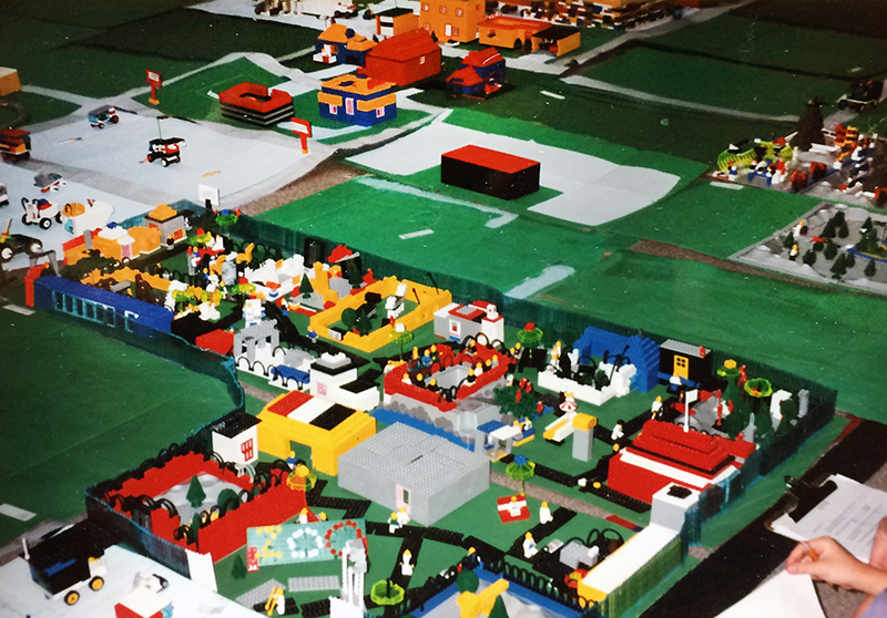 Photograph of a portion of the student-built Technotown. The homes, businesses, and community buildings have been constructed out of LEGOs.